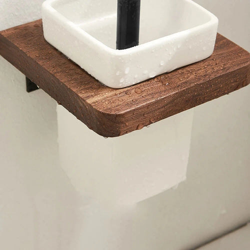 Wall-Mounted Toilet Brush Holder Set, Ceramic Base, Solid Wood, Luxury Bathroom Accessories, No Dead Corner - vue 5 sur 6