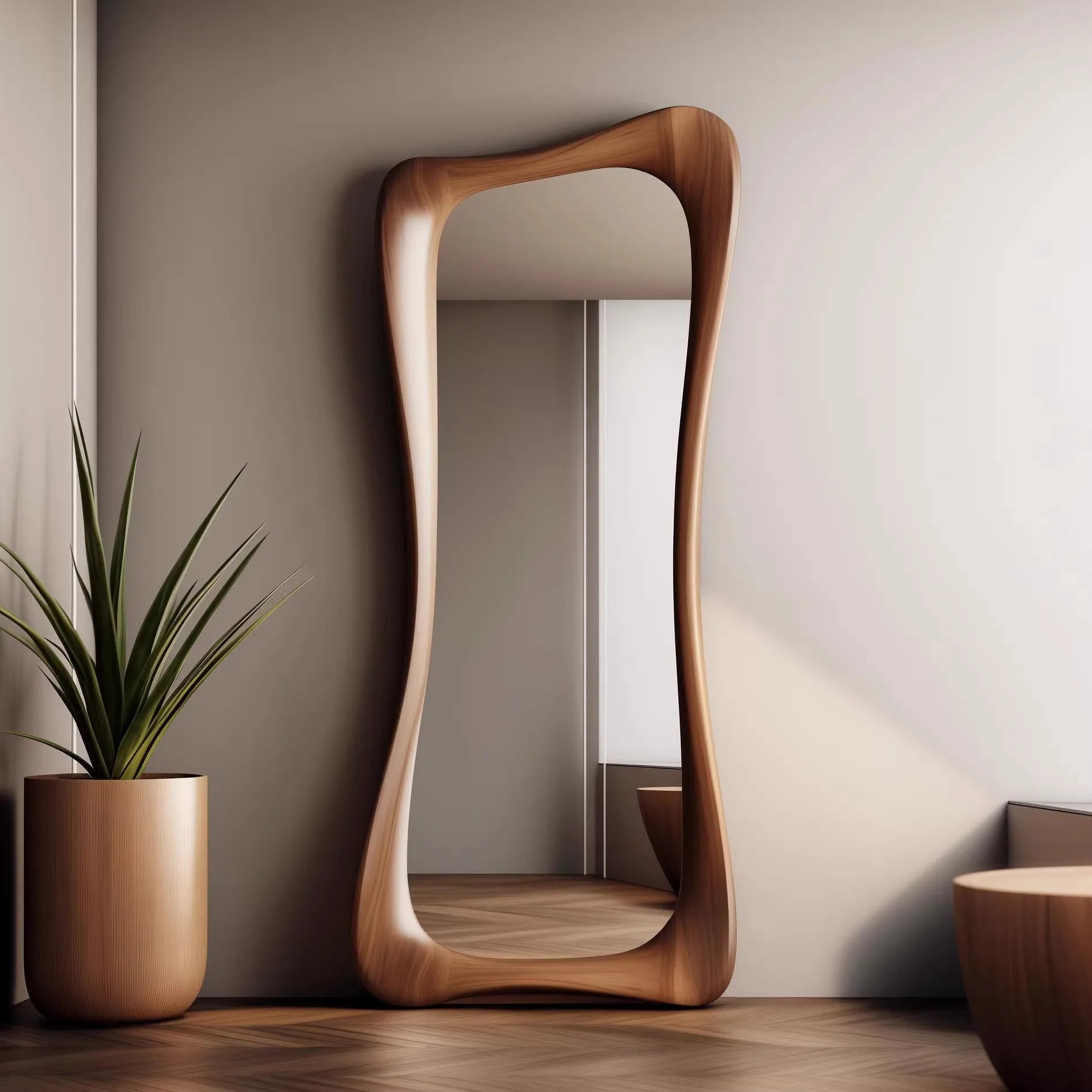 miroir décoratif de luxe artistique en bois de noyer léger - vue 6 sur 5