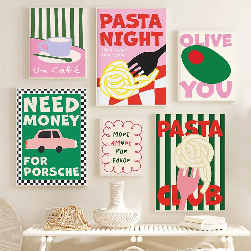 affiche artistique de citation sur la cuisine et les pâtes