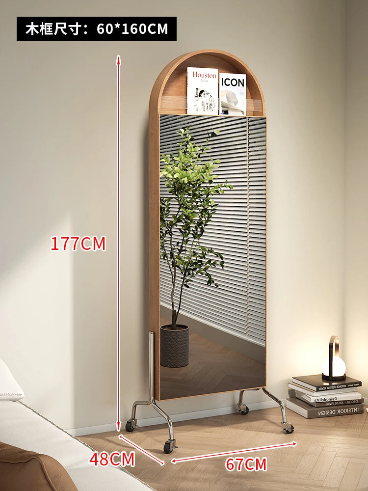 Adjustable solid wood full body mirror, magazine bookshelf mirror, floor standing retro with wheel fitting mirror - vue 15 sur 18