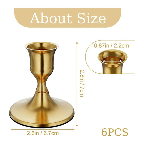 6PCS Brass Gold Taper Candle Holders, Vintage Metal Candlestick Holders For Dinner Room Table Centerpiece Gold Mantel - vue 7 sur 6