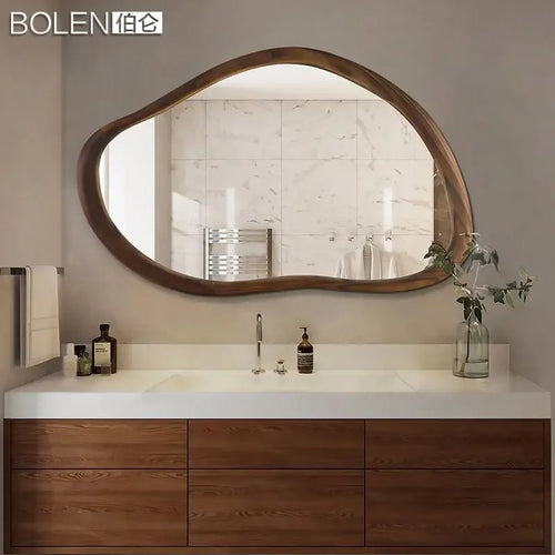 American solid wood bathroom mirror with irregular and retro decoration, Nordic household dressing mirror - vue 5 sur 6