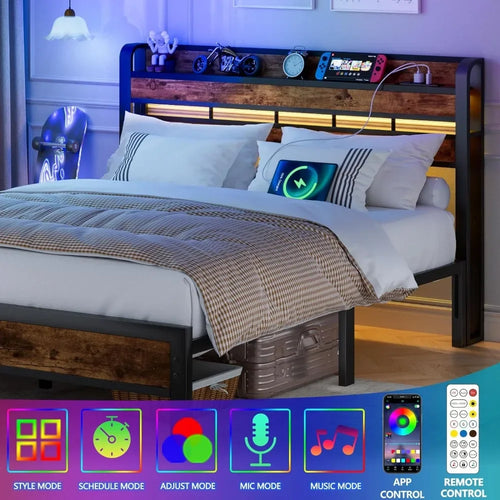 Queen Size Headboard with Storage Shelf and LED Light, USB Port and Charging Station, Sturdy Metal Frame & Wood Shelf - vue 3 sur 6