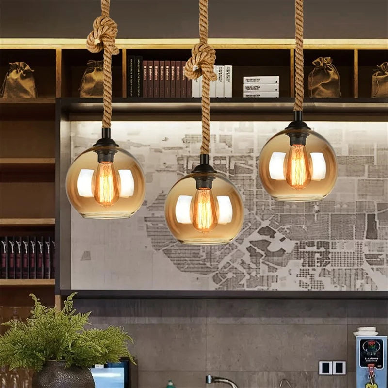 corde de chanvre avec boule de verre lumière led tissage à la main