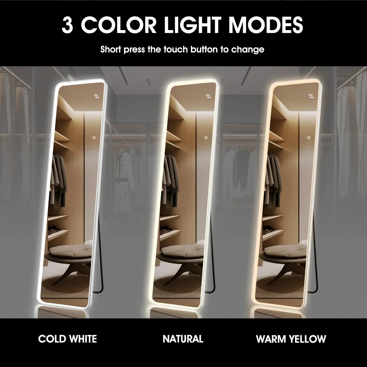 Full Body Mirror with Illumination, COB-LED, Wall Mirror,3 Light Colors Adjustable Dimmable,Floor Mirror with Touch Button Large