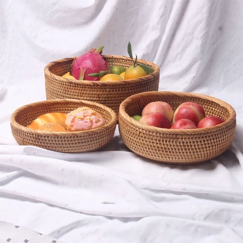 HEMU-Round Rattan Woven Basket, Wicker Fruit Basket, Bread Food, Kitchen Home Decor Organizer - vue 11 sur 12