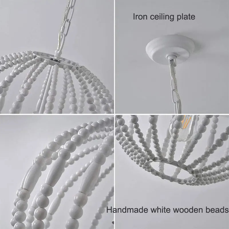 lustre vintage en perles de bois style américain loft campagne - vue 6 sur 6