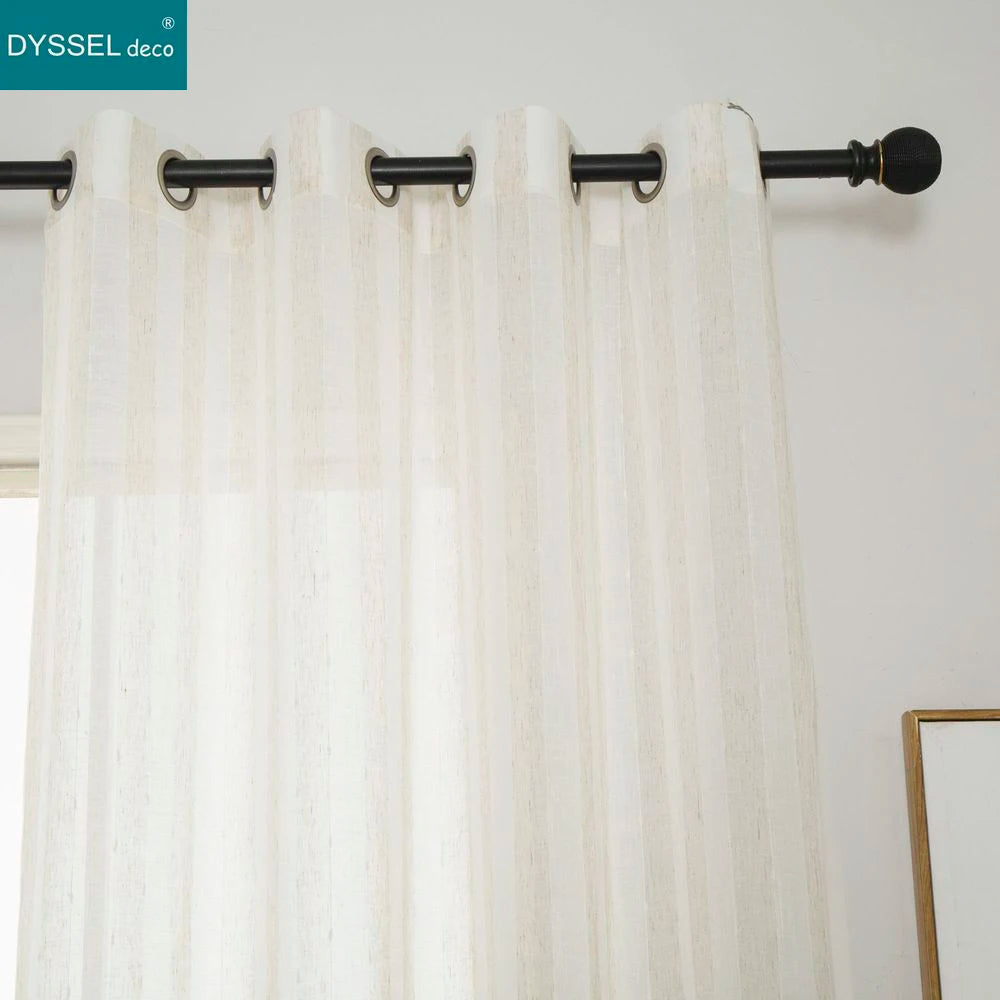 Rideau rayé style lin translucide pour salon chambre - vue 4 sur 7