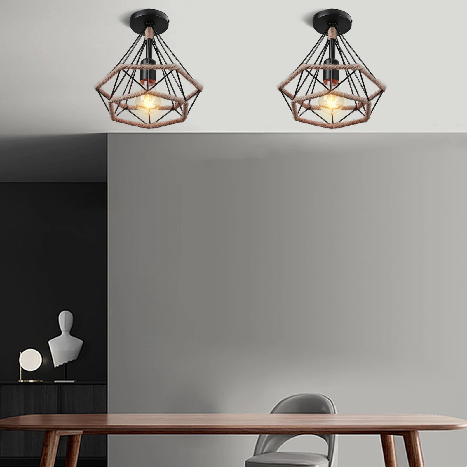 Retro metal ceiling light with hemp rope for vintage interiors - vue 3 sur 15