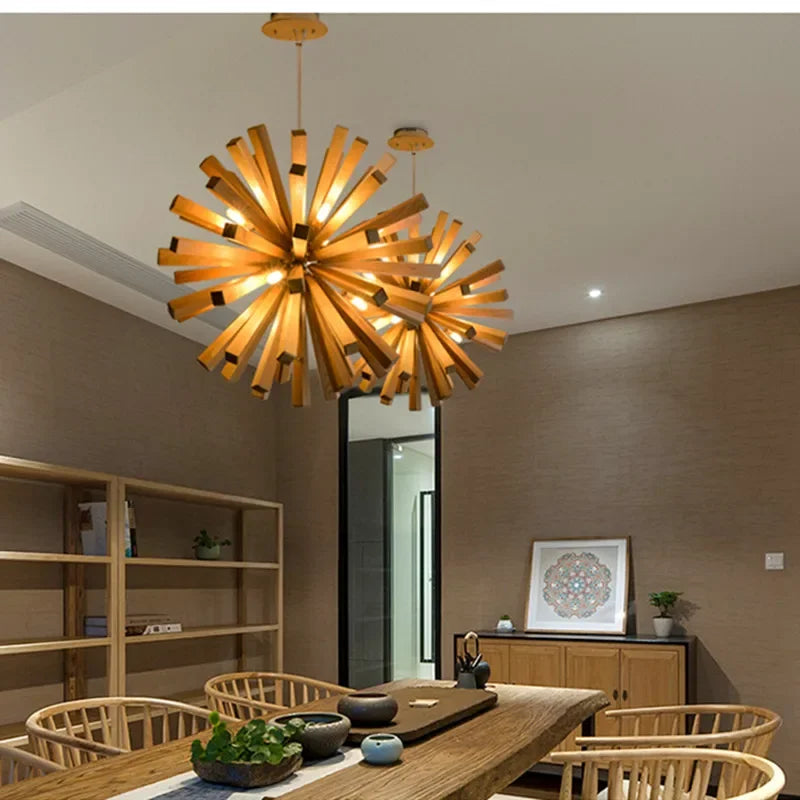 Nordic Dandelion Wooden Pendant Lights Art Creative new chinese Pendant Lamp tea room dining room living room Personality lamp - vue 2 sur 9