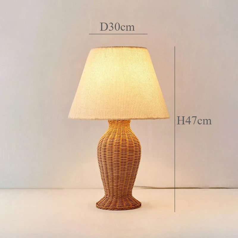 lampadaire en rotin avec abat-jour tissu et lumières led décoratives - vue 10 sur 11