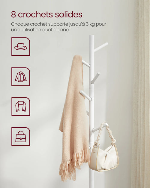 VASAGLE Standing Coat Rack, Solid Wood Coat Rack, Tree-Shaped Coat Rack with 8 Hooks, 3 Height Options, for Clothes, Hats, Bags - vue 3 sur 7