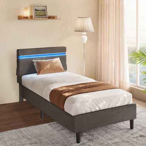 VASAGLE Metal Single Bed, 90 x 190 cm, Bed Frame, with Headboard, LED Lighting, USB and Type-C Port, Modern Style - vue 4 sur 7