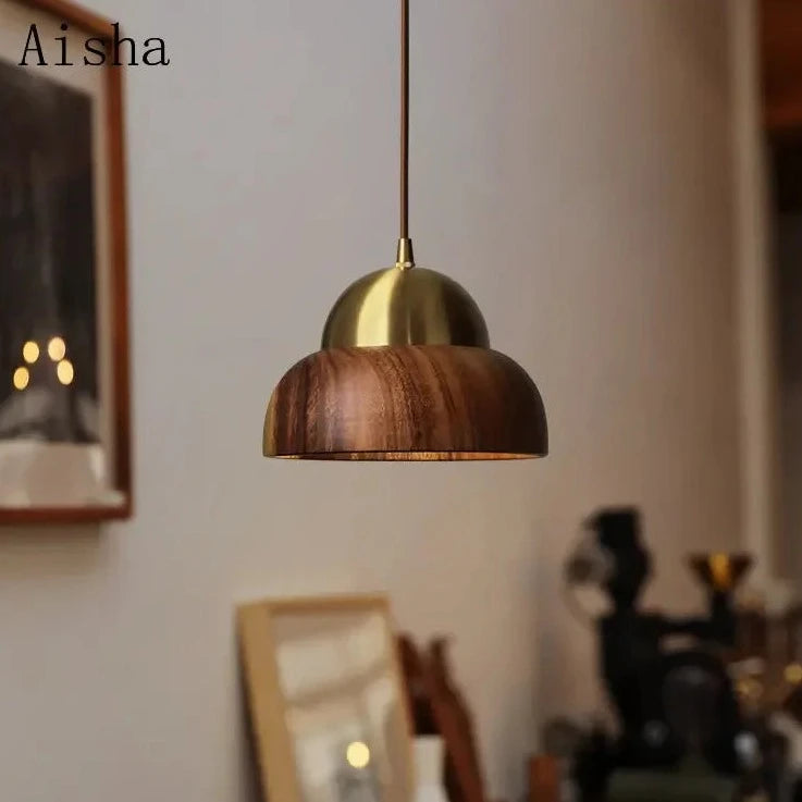 Wabi-sabi Suspension en bois de noyer chambre à coucher lampe suspendue pour la maison en laiton japonais chez l'habitant Nanyang lustre Vintage