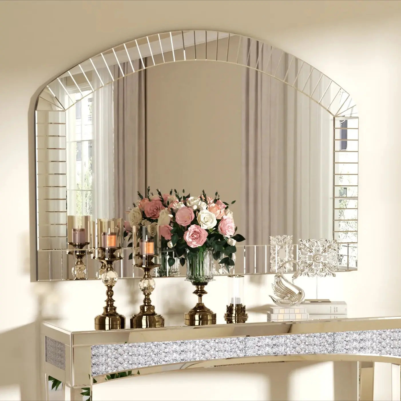 Large Silver Arched Wall Mirror, Silver Glass, Decorative Venetian Accent Mirror, Home Living Room Decor, Bling Beveled Edge - vue 2 sur 7
