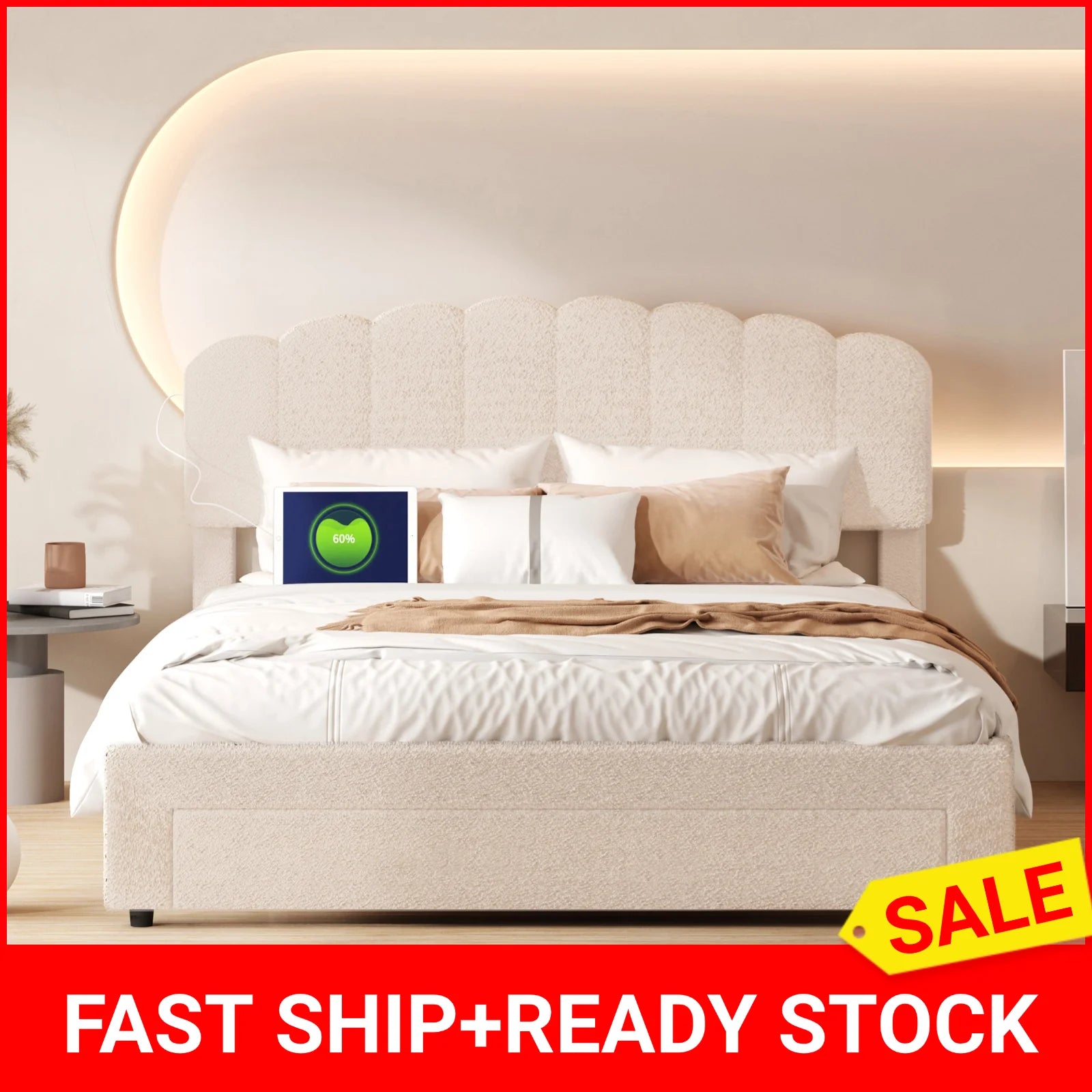 Bubble Bed, Double Bed, Teddy Velvet Fabric, with USB & LED, Drawer Bed,  with Storage Space, Beige, 140x200 cm