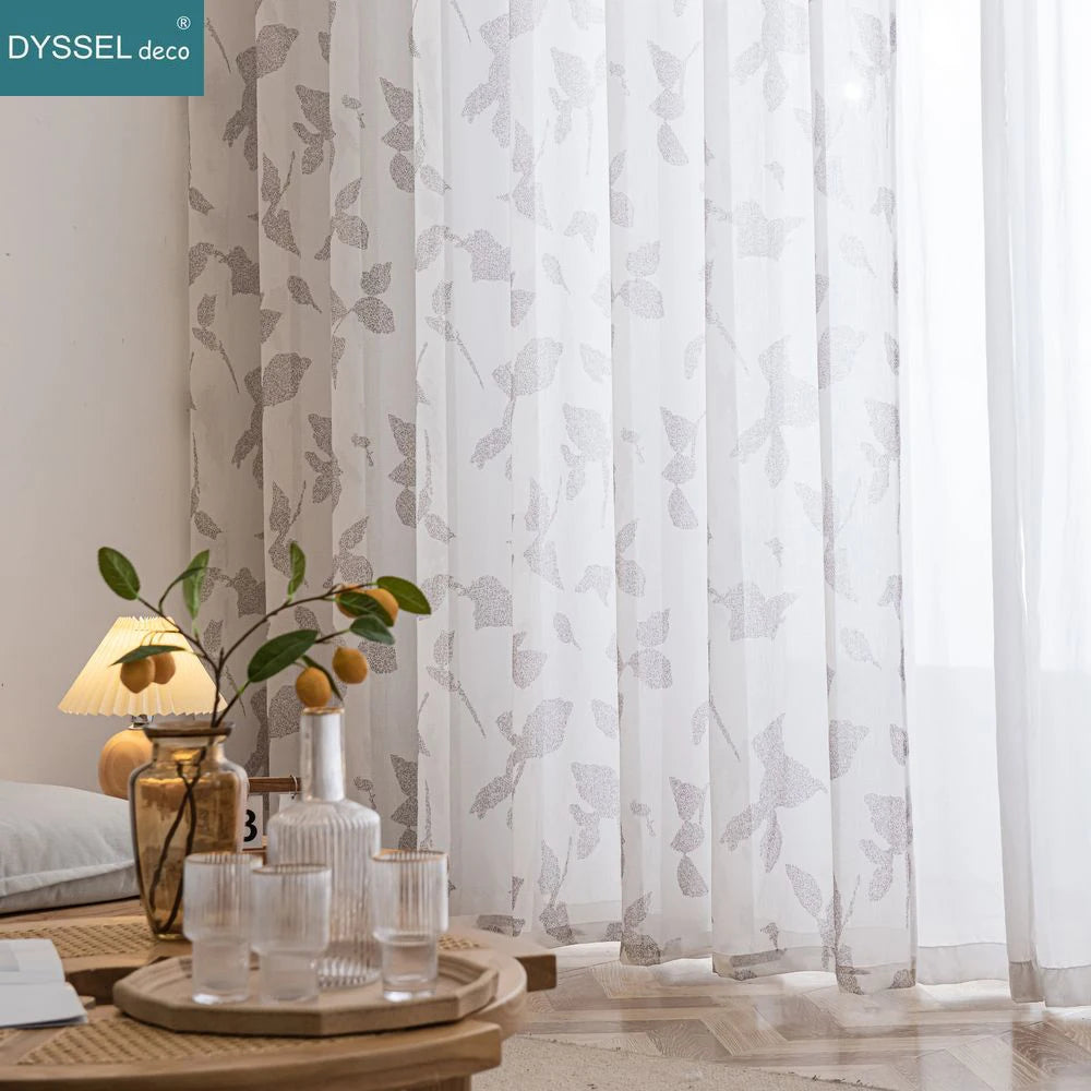 Voilage texture lin motif feuilles erable style champetre