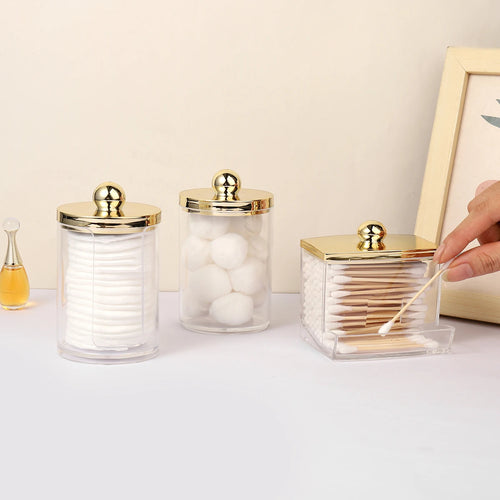 1/3 pcs Qtips Dispenser Bathroom Container with Golden Lid , 10 oz Cotton Ball Holder, Clear Plastic Apothecary Jar Organizer - vue 3 sur 9