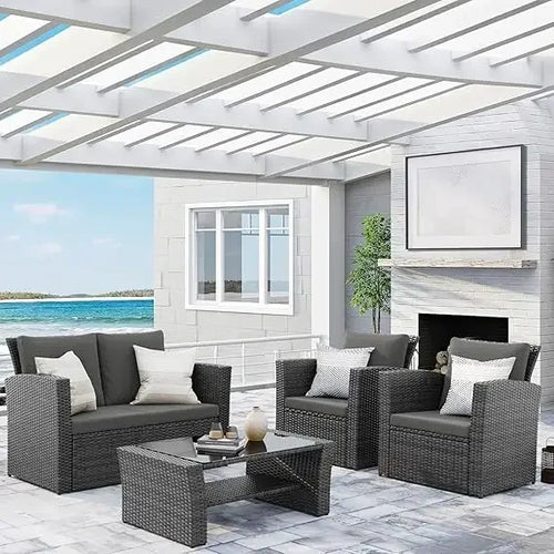 Wisteria Lane 4 Piece Outdoor Patio Furniture Set, Porch Deck Wicker Conversation Set, Grey Rattan Sofa Chair with Back Cushions - vue 9 sur 9
