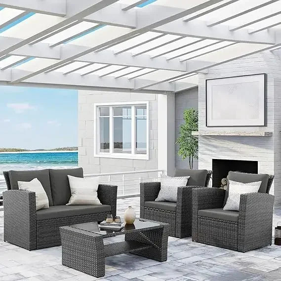 Wisteria Lane 4 Piece Outdoor Patio Furniture Set, Porch Deck Wicker Conversation Set, Grey Rattan Sofa Chair with Back Cushions - vue 8 sur 9