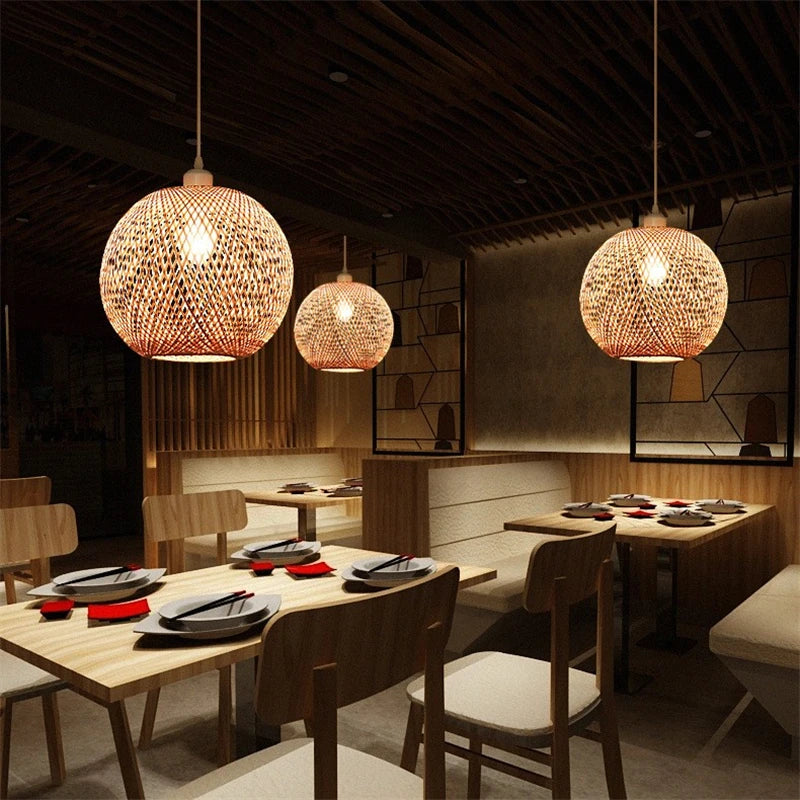 lustre moderne nordique en bambou tissé à la main led - vue 5 sur 10