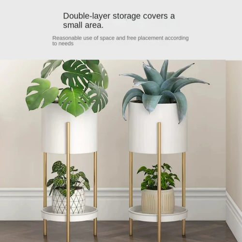 1 piece of white double-layer Nordic storage rack, floor-standing ornament next to the TV cabinet, flower stand for several rooms - vue 3 sur 3