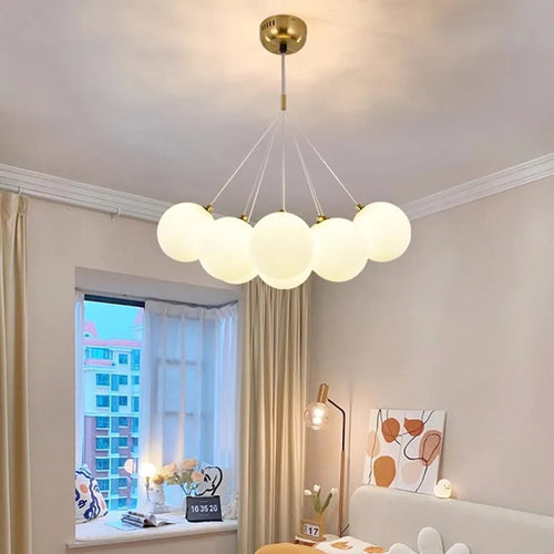 lustre verre moderne boules blanches led décoration salon salle manger - vue 3 sur 18