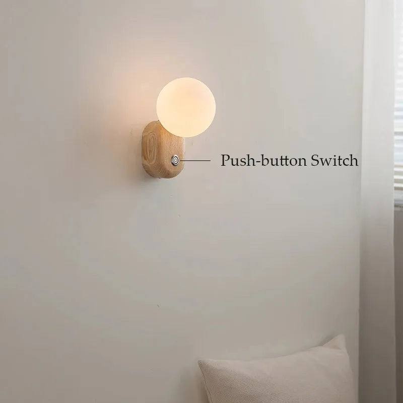 Spherical Glass Walnut Wood, Modern Wabi-Sabi Minimalist Style, Wall Sconce Light for Living Room, Dining Room, Bedroom, Study - vue 5 sur 6
