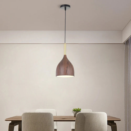 Nordic metal chandelier with wood-effect for minimalist interior decor - vue 4 sur 14