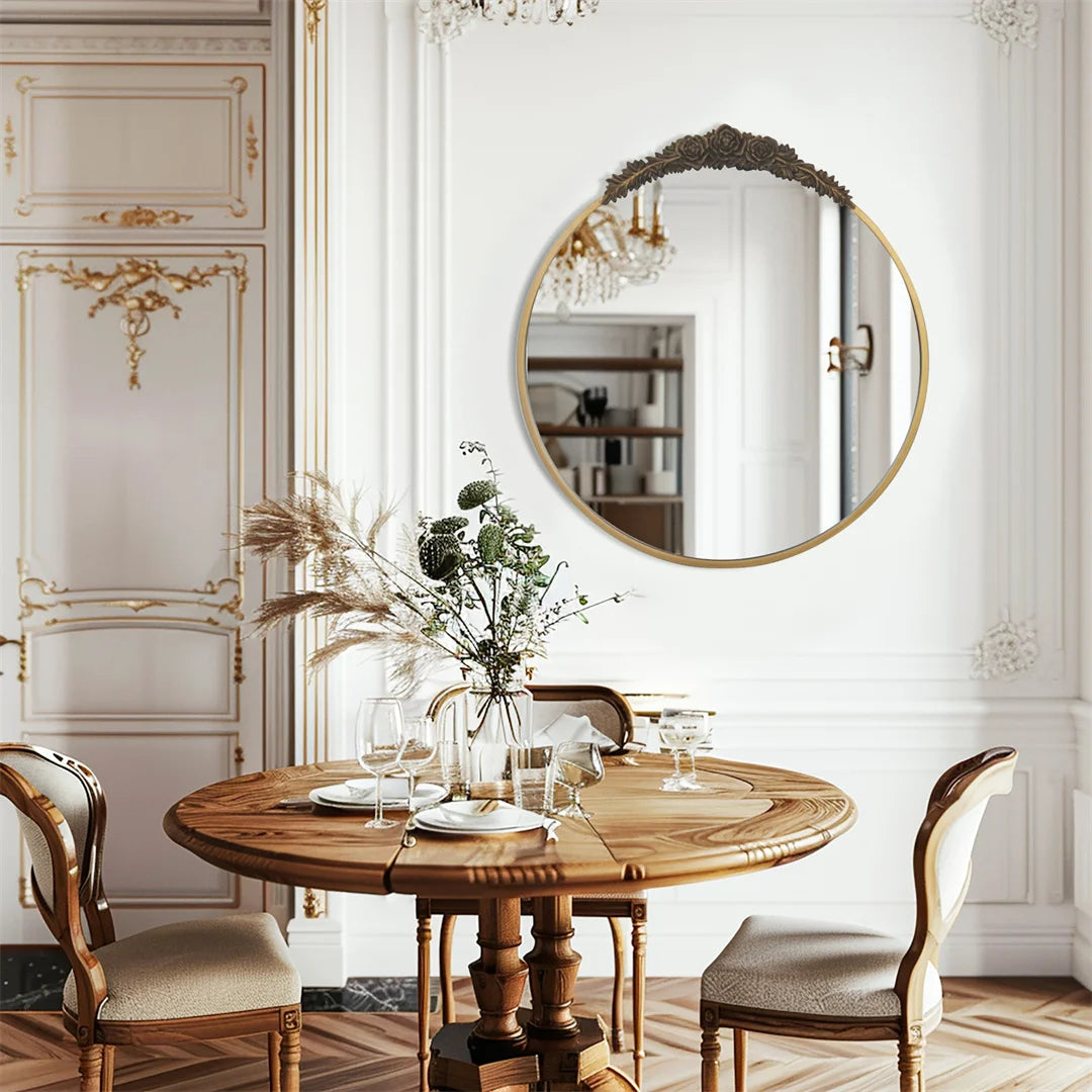 LUVODI Baroque Brass Round Wall Decor Mirror Resin Rose Pattern Metal Frame Art Mirror for Living Room,Bathroom Decoration - vue 4 sur 7