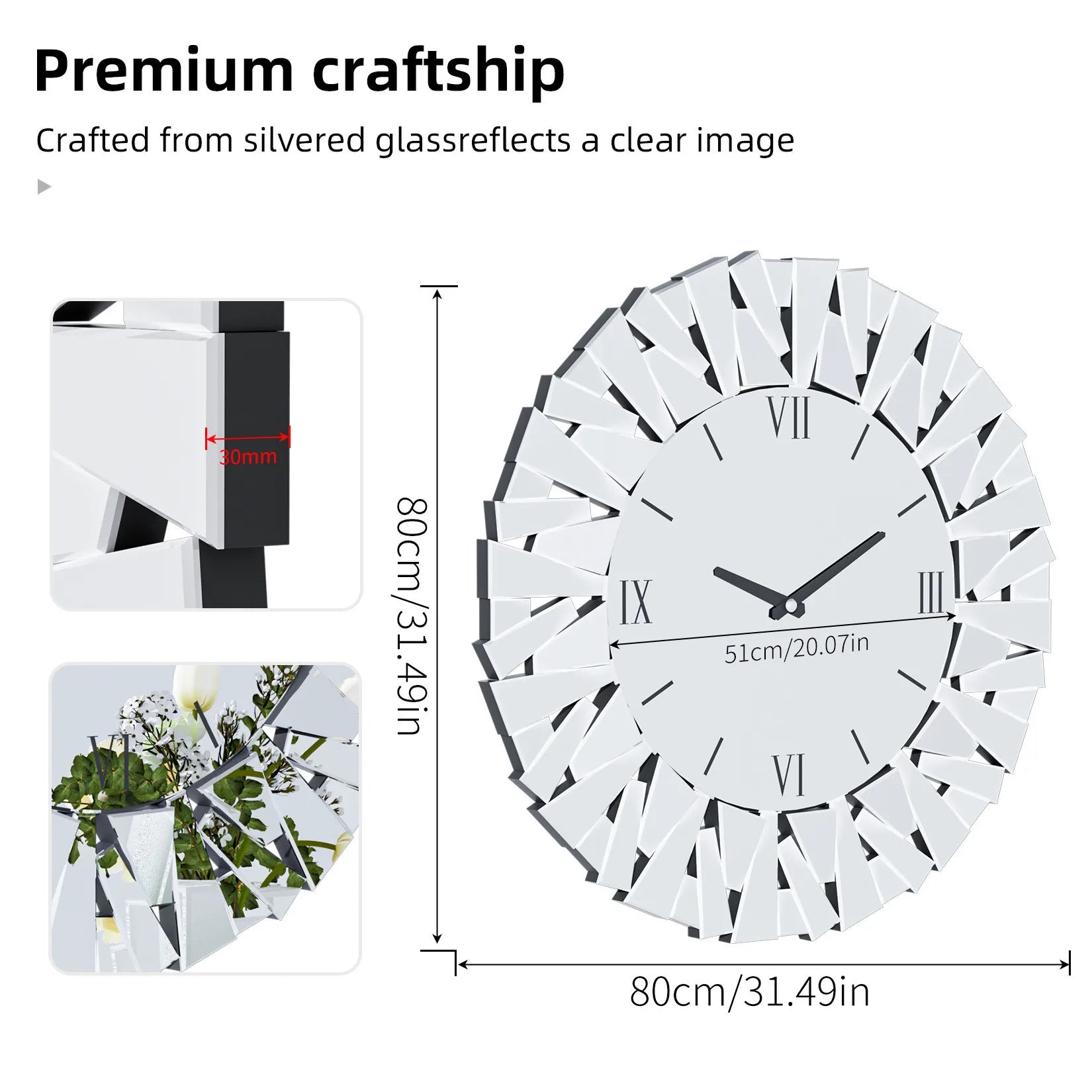 Wisfor Large Modern Wall Clock 32 Inch Round Beveled Glass Edge Wall Mirror with Clock for Modern Living Room,Home Interiors - vue 5 sur 7