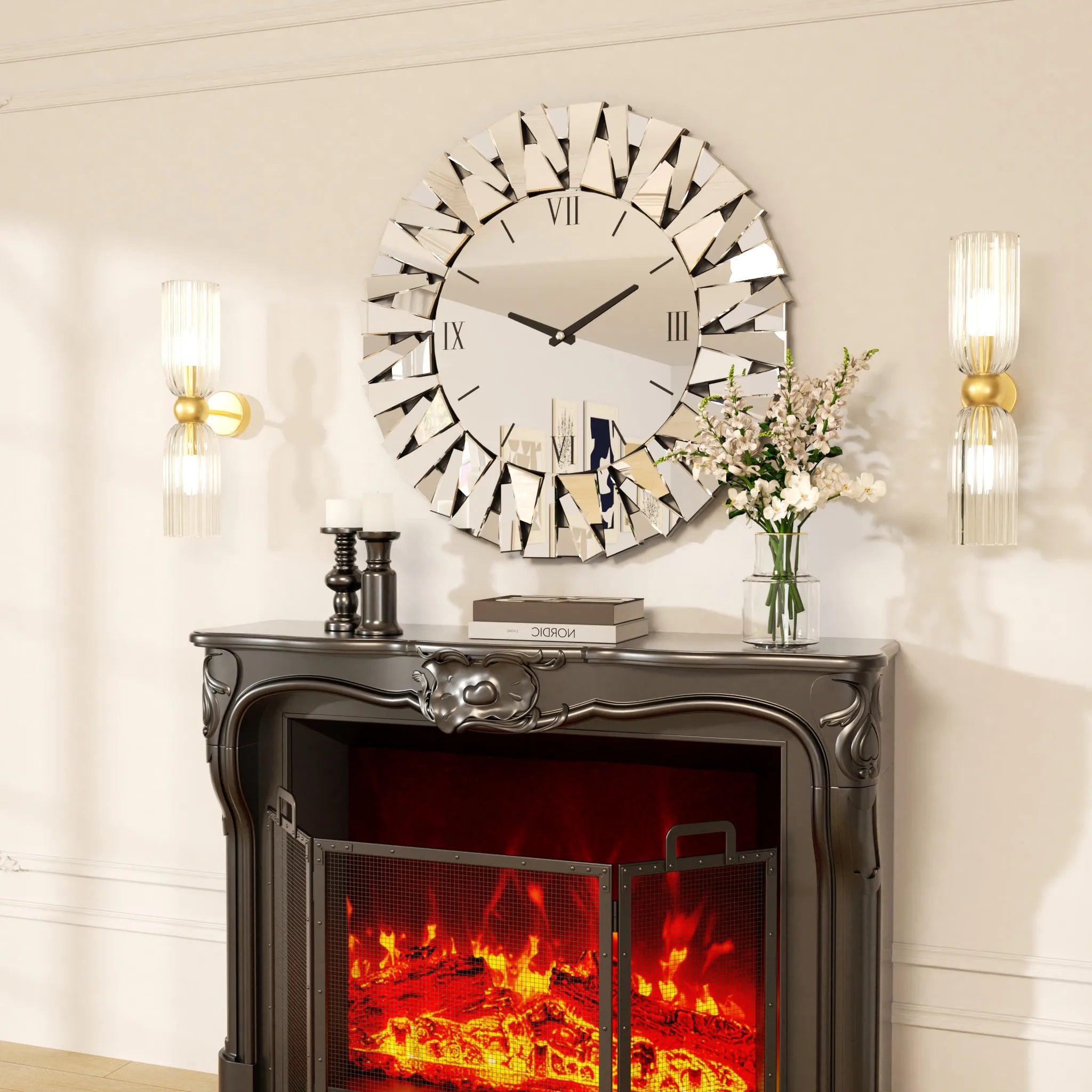 Wisfor Large Modern Wall Clock 32 Inch Round Beveled Glass Edge Wall Mirror with Clock for Modern Living Room,Home Interiors - vue 3 sur 7