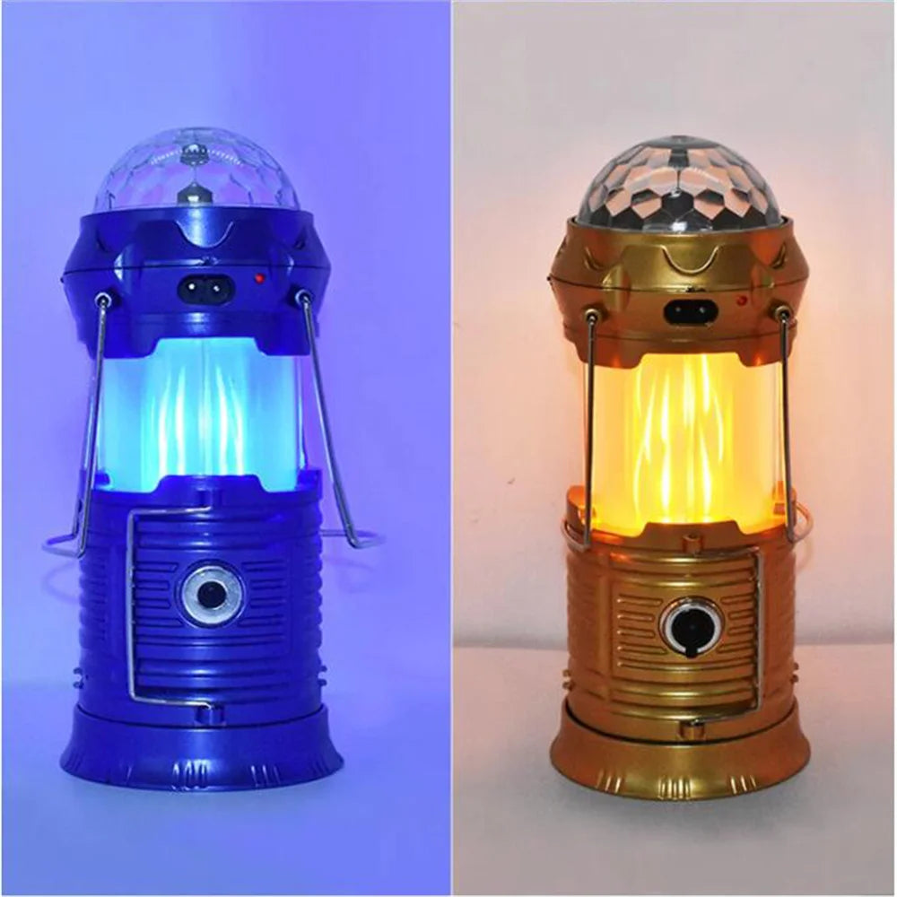 Solar Powered 4-in-1 Flame Waterproof Led Camping Lantern Light& Magic Ball Disco Lamp Flashlight for Tent,Party - vue 6 sur 9