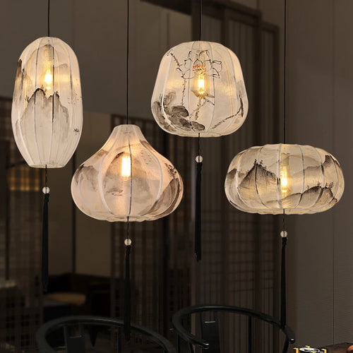 suspension Style chinois Restaurant tissu hôtel couloir lanternes créative salon paysage peinture décor lumières