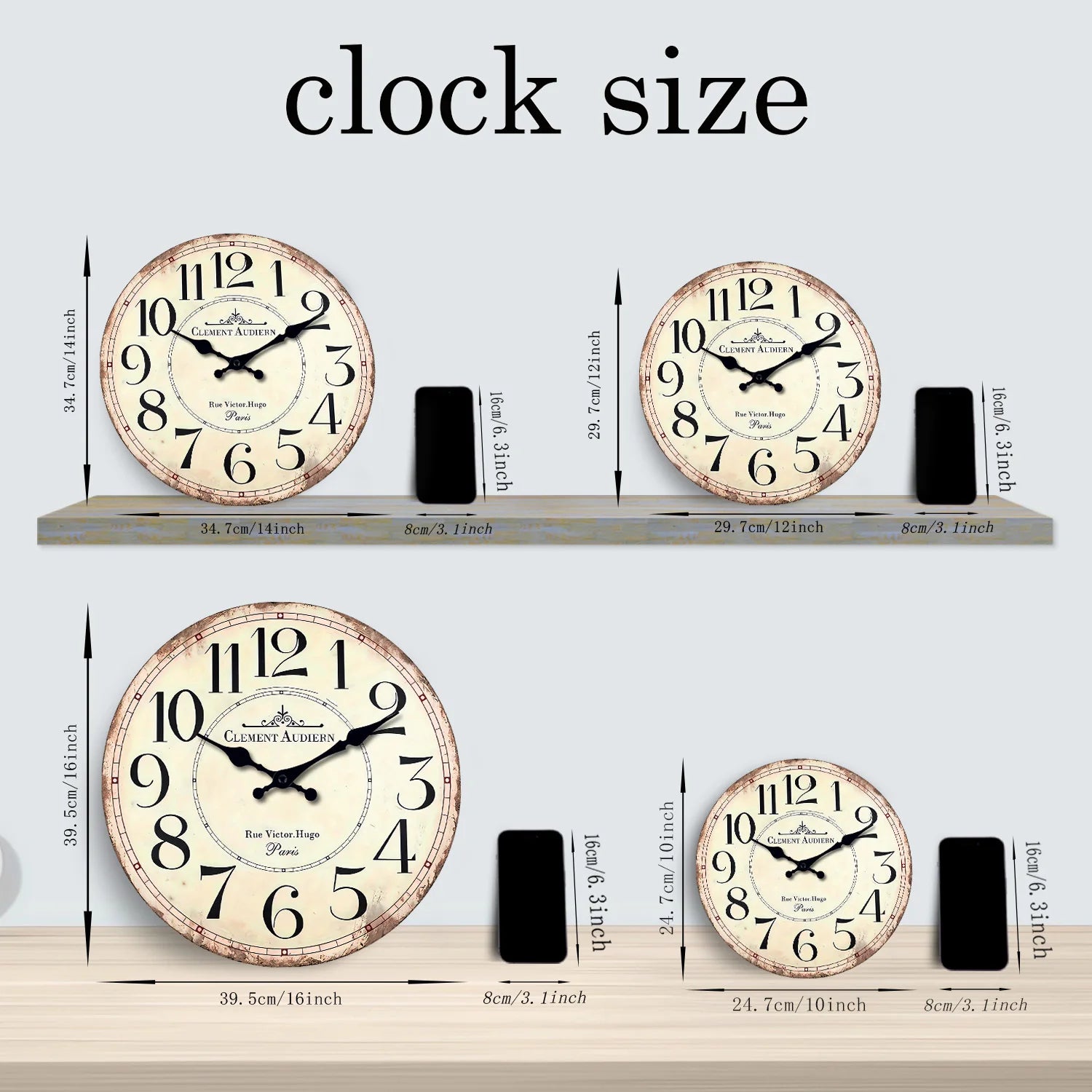 horloge murale rétro bois motif clément audierne décoration silencieuse - vue 4 sur 6