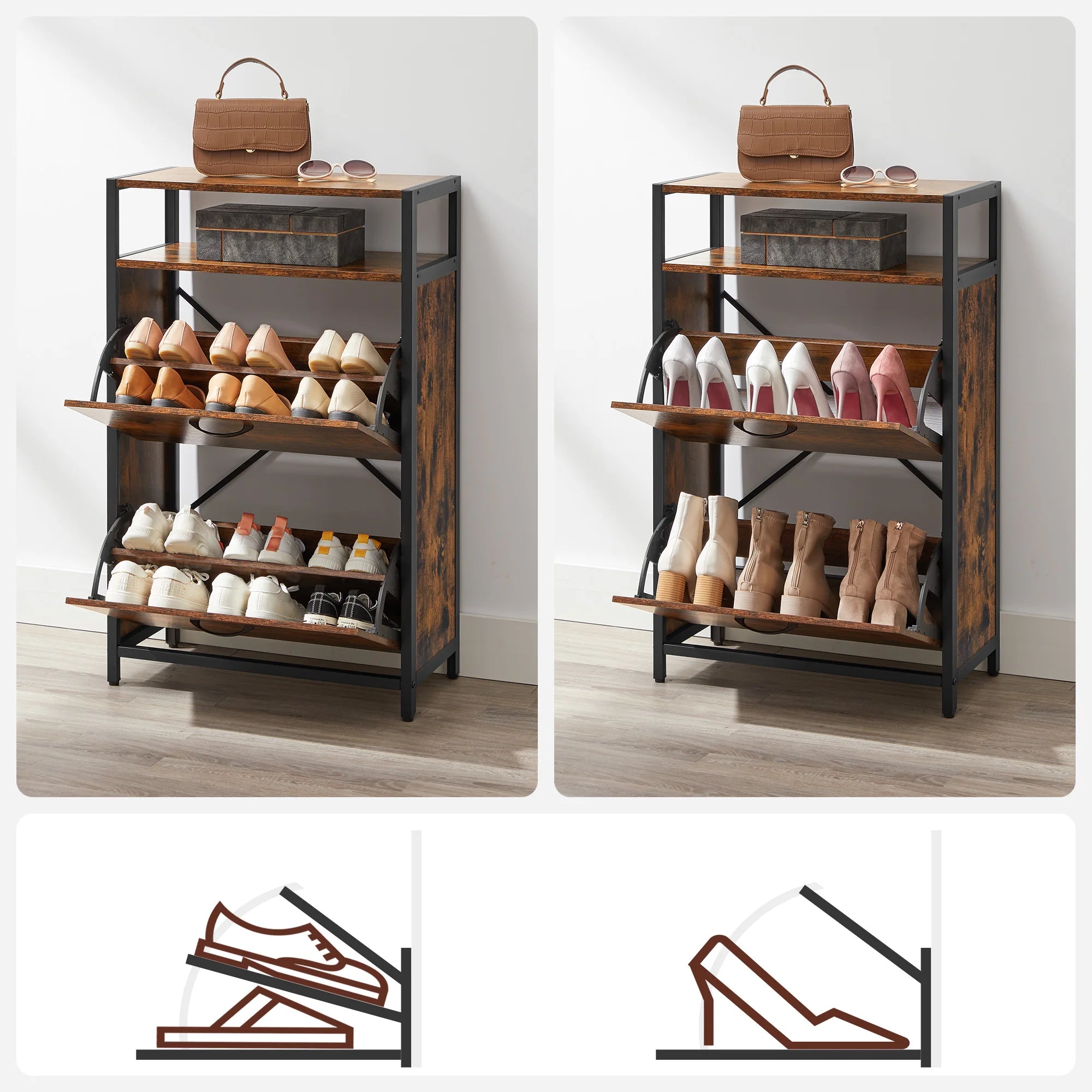 VASAGLE Shoe Cabinet with 2 Flip Doors, Hallway Shoe Storage Rack with Open Compartment, Internal Dividers, for 8-12 Pairs - vue 3 sur 7