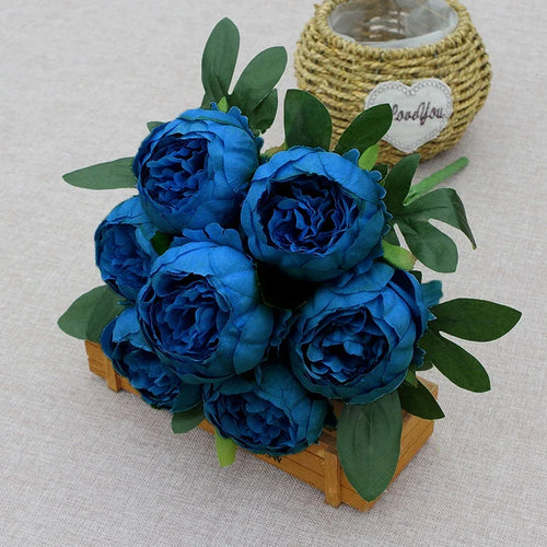 7 Heads Artificial Peony Bouquets Wedding Flowers Arrangement,Blue Red White Silk Peonies Flower Home Office Table Decoration - vue 7 sur 9