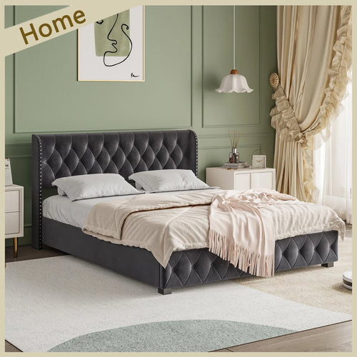 Modern Velvet Upholstered Bed 180 x 200 cm, Bed with Padded Headboard, Bed for Bedroom and Guest Room, Velvet, Without Mattress