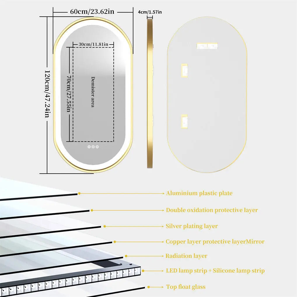 LED Bathroom Mirror Oval Illuminated Wall Mirror Aluminum Gold Frame Memory Anti-fog 3 Changeable Color, IP56 800/1000/1200MM - vue 8 sur 9