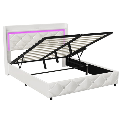 Upholstered Bed with LED Light, Charging Function, Air Pressure Metal Frame and Wooden Slatted Frame, PU, Without Mattress - vue 7 sur 6