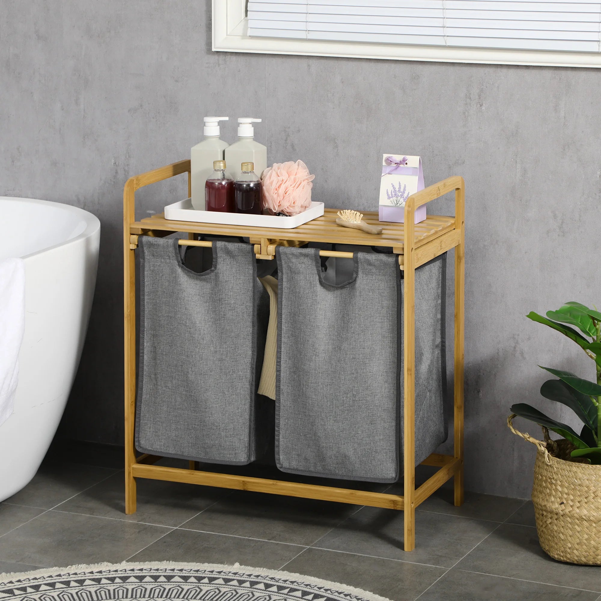 HOMCOM bamboo dirty laundry basket with 2 removable bags 63.5x33x73cm Natural - vue 2 sur 7