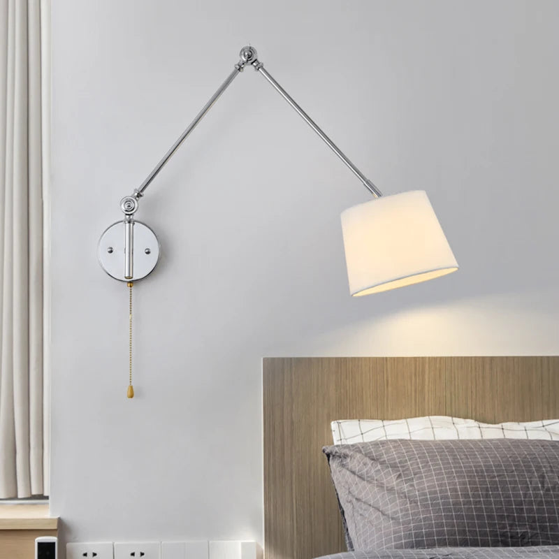Luxury Chrome Wall Lamp Swing Long Rocker Arm Wall Light LED E27 Adjustable Joint Fabric Sconce Reading Wall Lamps with Switch - vue 3 sur 7