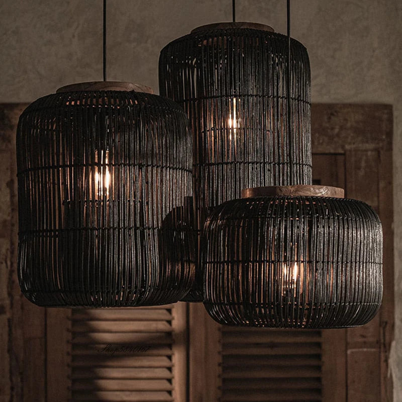 suspension Wabi-sabi lumières chinois rétro salle à manger salon restaurant décor chez l'habitant rotin - vue 6 sur 12