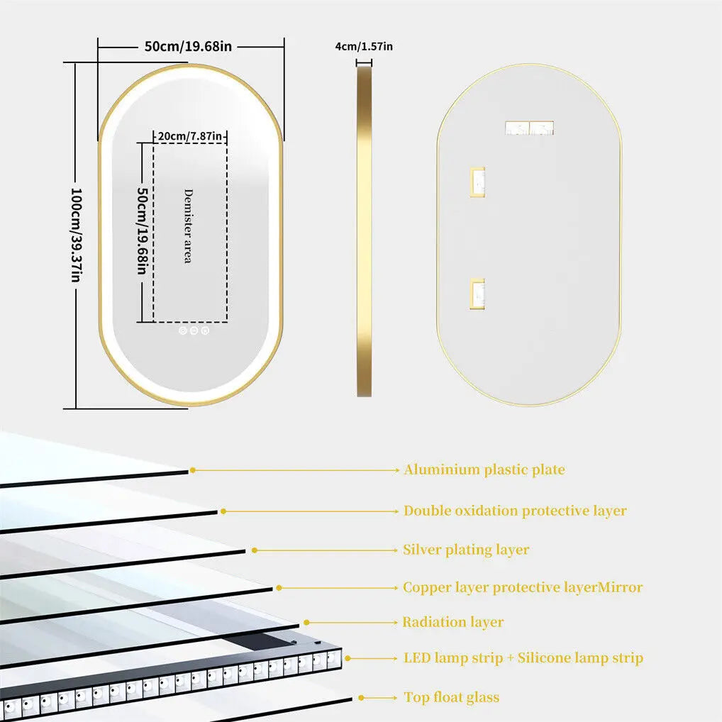 LED Bathroom Mirror Oval Illuminated Wall Mirror Aluminum Gold Frame Memory Anti-fog 3 Changeable Color, IP56 800/1000/1200MM - vue 7 sur 9