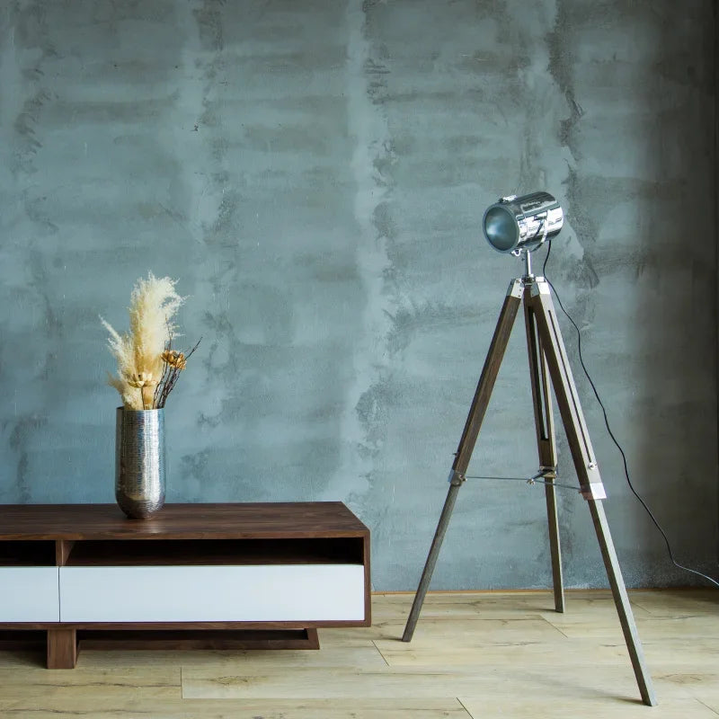lampe de sol industrielle en bois avec trépied vintage à charnière - vue 5 sur 9