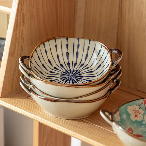 Bol japonais céramique anse motif floral 19cm