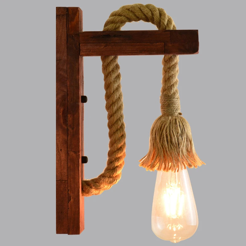 Vintage industrial wood and hemp rope LED wall light loft - vue 9 sur 15