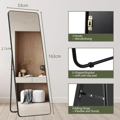 Full Length Mirror 162x53cm Full Body Mirror Rectangle Free Standing Wall Mounted Leaning Hanging Floor Mirrors, Black/Gold - vue 12 sur 12