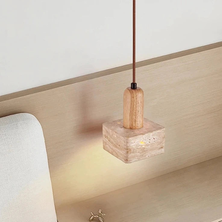 Lampe suspension LED carré en pierre lustre chambre chevet Style crème en bois massif rétro lumière E27 ampoule pour salon maison Bar - vue 6 sur 7