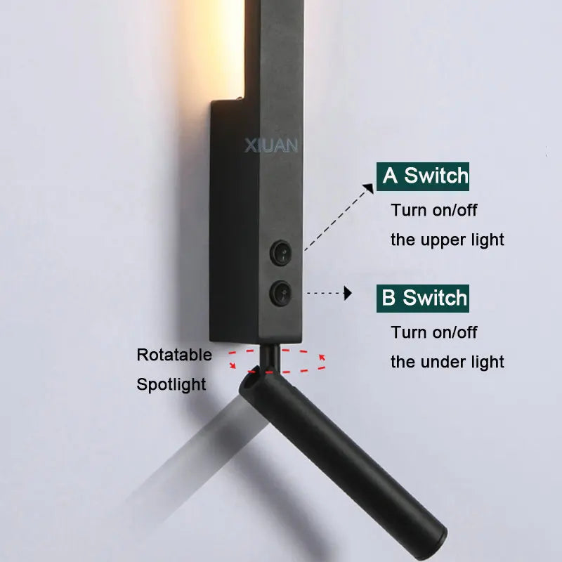 Modern Bedroom Living Room Wall Light ON/OFF Switch AC220V Black White Long Wall Lamps with LED Spotlights - vue 4 sur 18